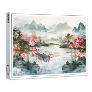 raxxa Premium-Puzzle: Chinese Watercolor Lotus and Serene Mountains