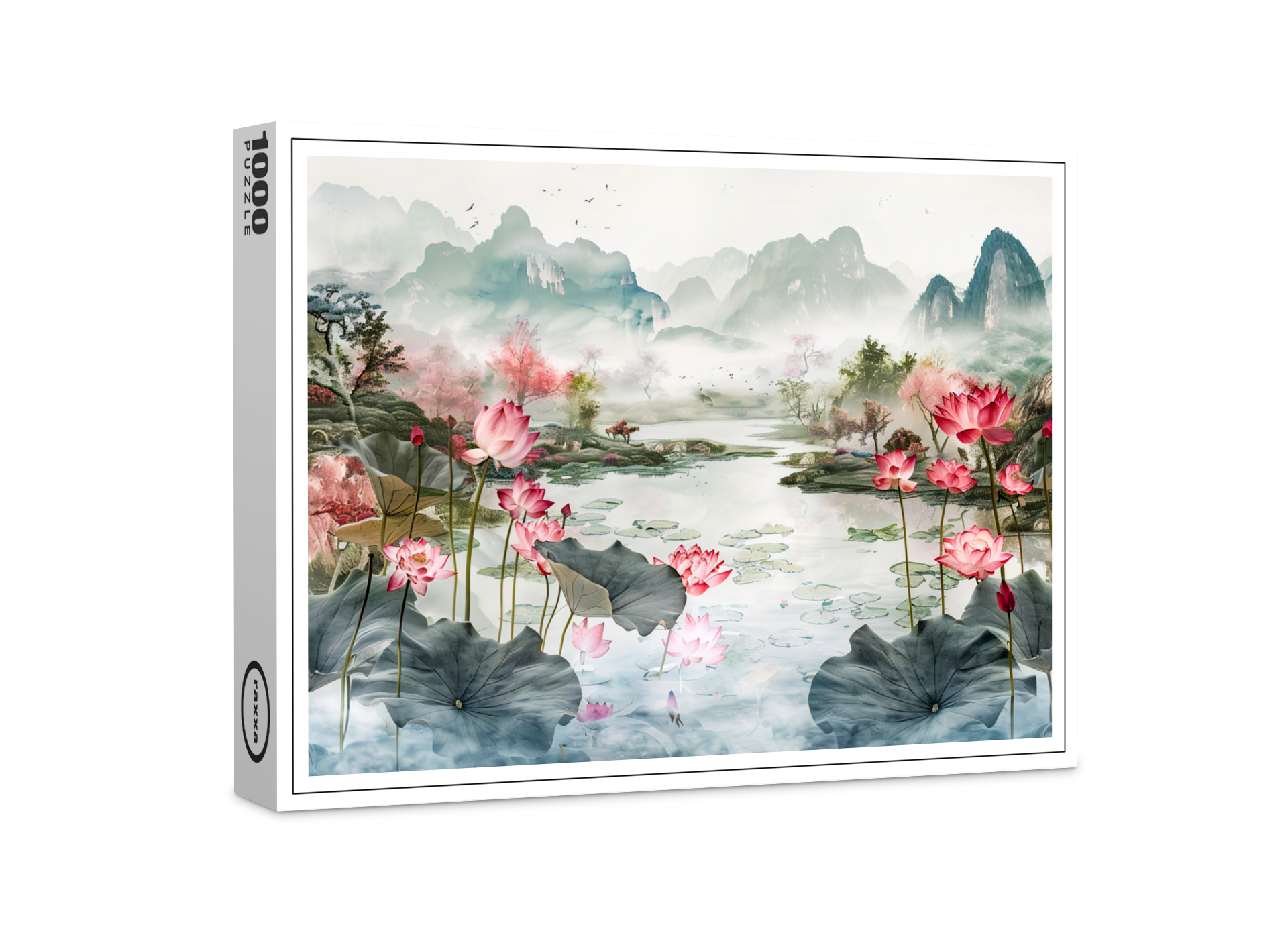 raxxa Premium-Puzzle: Chinese Watercolor Lotus and Serene Mountains
