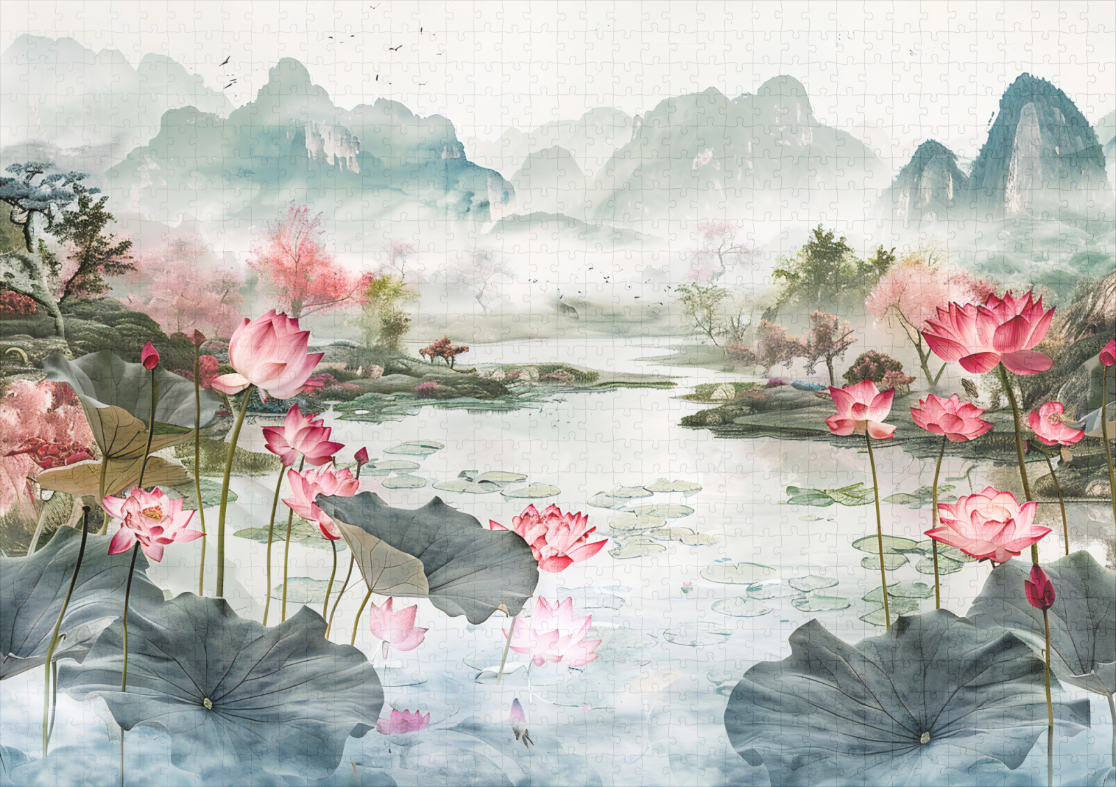 raxxa Premium-Puzzle: Chinese Watercolor Lotus and Serene Mountains – Image 2