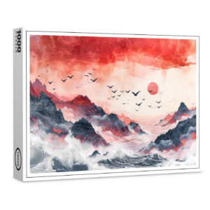 raxxa Premium-Puzzle: Chinese Watercolor Birds Soaring over Mountains