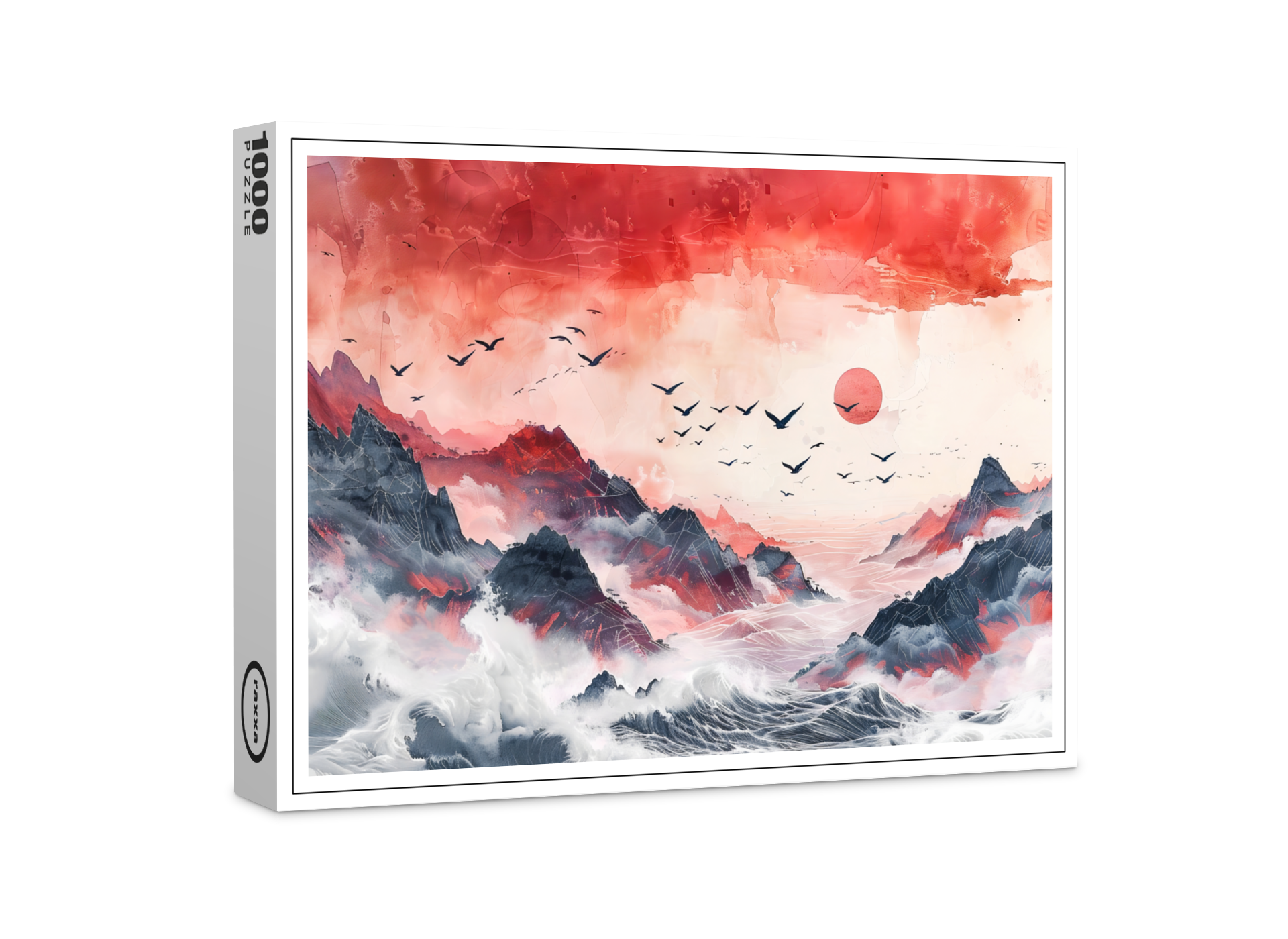 raxxa Premium-Puzzle: Chinese Watercolor Birds Soaring over Mountains