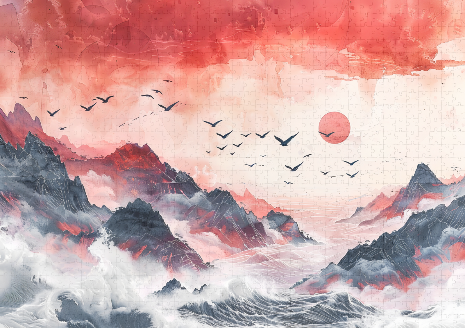 raxxa Premium-Puzzle: Chinese Watercolor Birds Soaring over Mountains – Image 2
