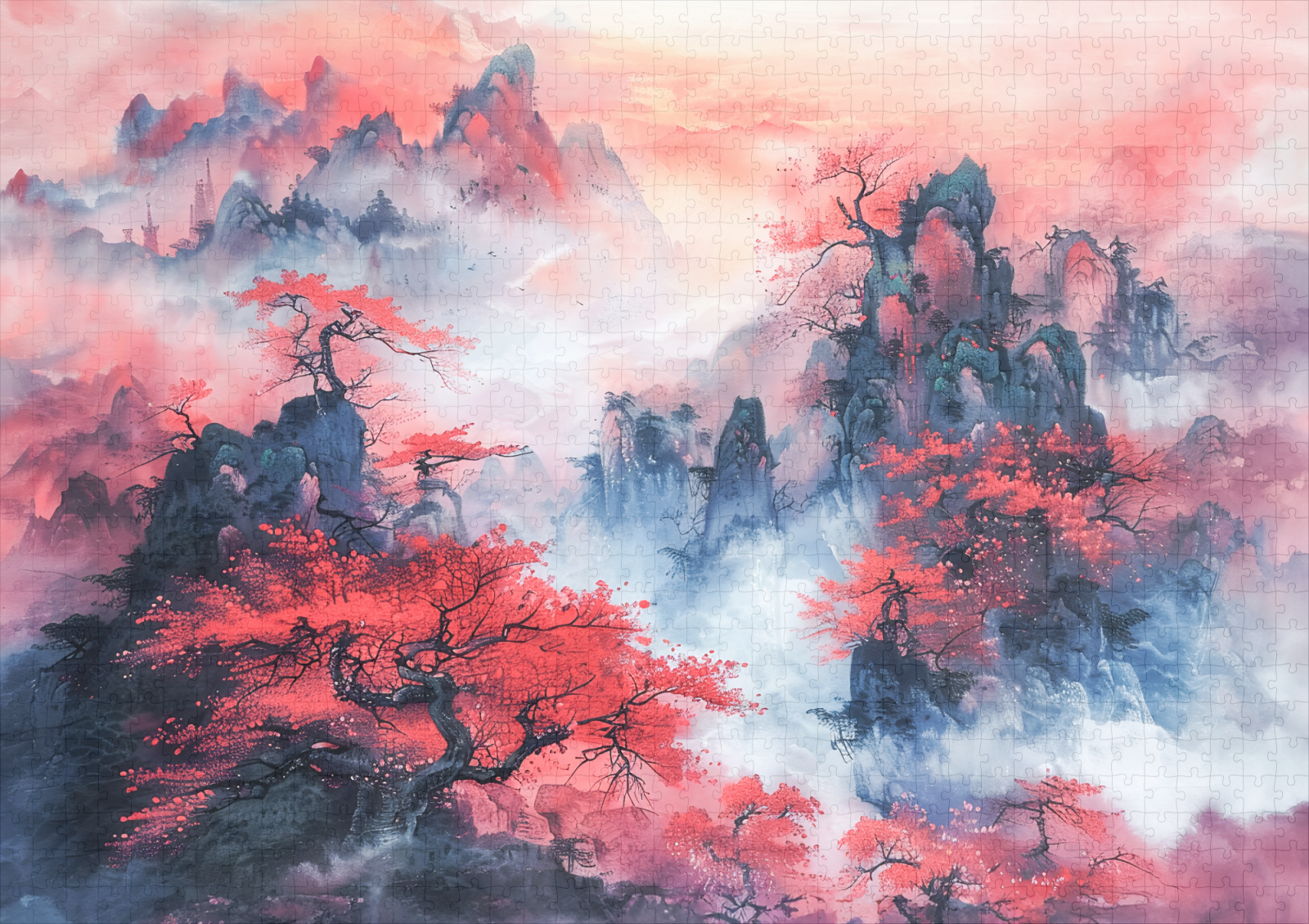 raxxa Premium-Puzzle: Chinese Watercolor Autumn Mountains at Sunset – Bild 2
