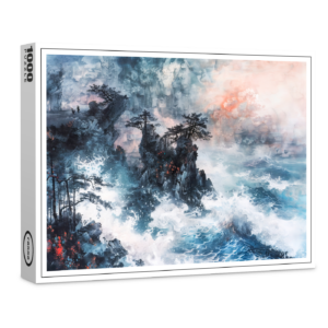 raxxa Premium-Puzzle: Chinese Watercolor Waves on Rocky Coast