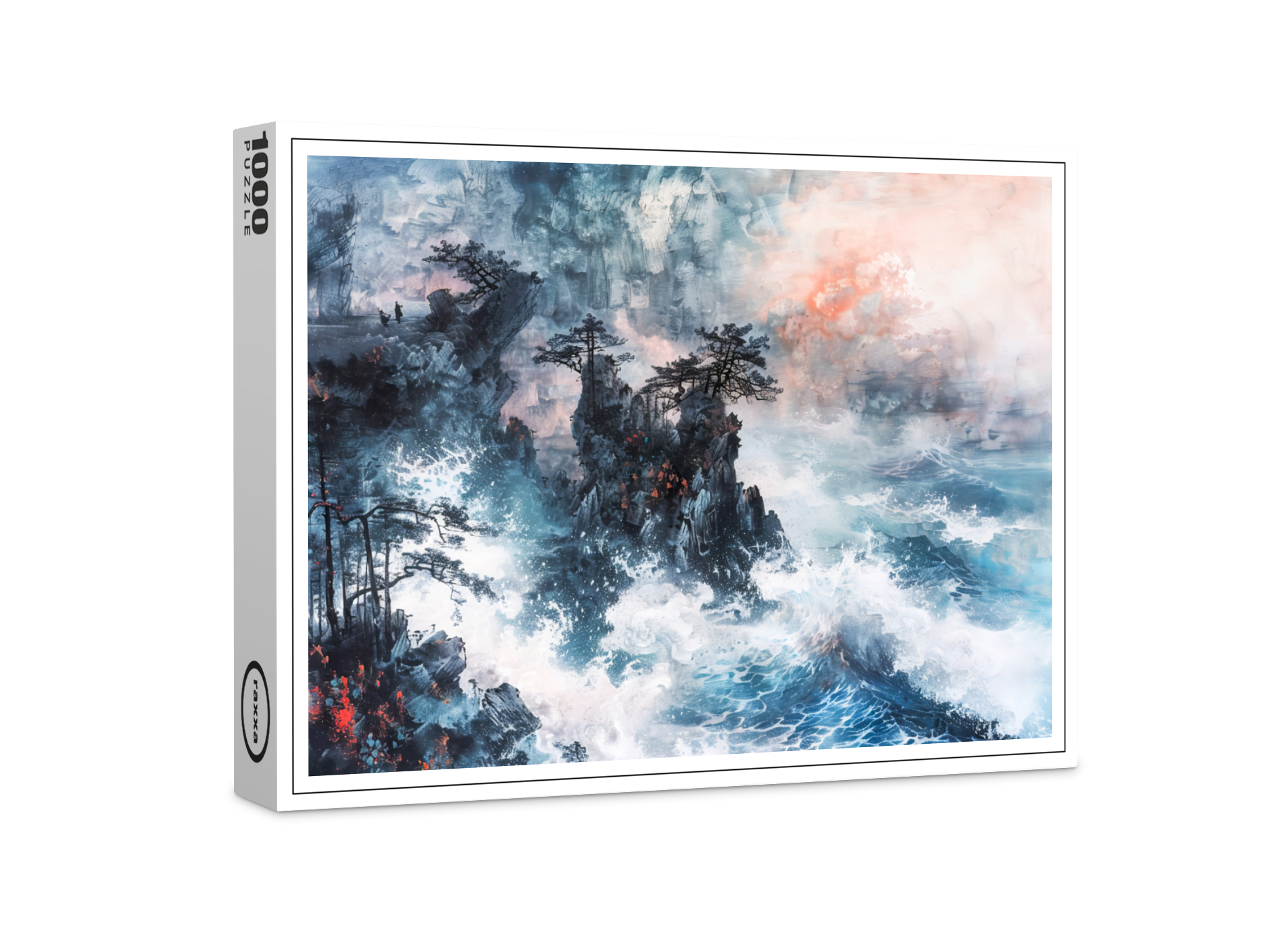 raxxa Premium-Puzzle: Chinese Watercolor Waves on Rocky Coast