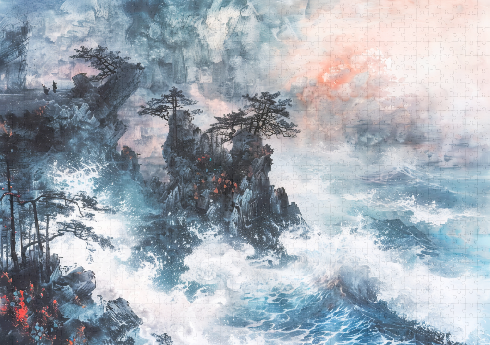 raxxa Premium-Puzzle: Chinese Watercolor Waves on Rocky Coast – Bild 2