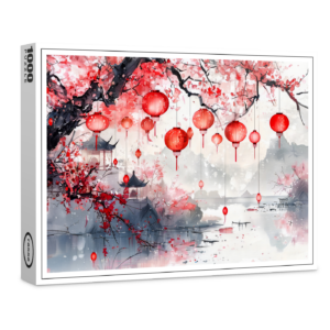 raxxa Premium-Puzzle: Chinese Watercolor Lanterns and Blossoming Trees