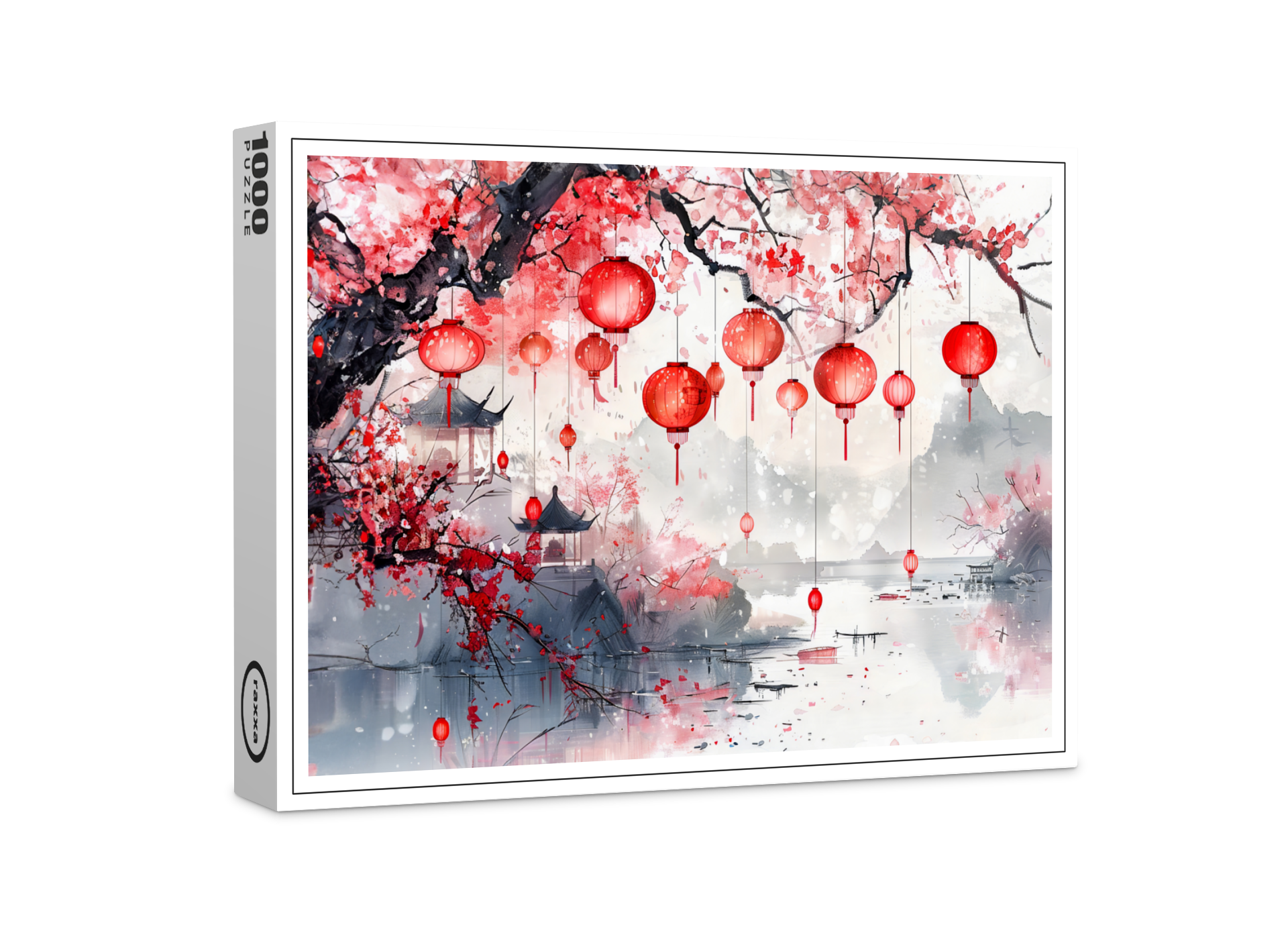raxxa Premium-Puzzle: Chinese Watercolor Lanterns and Blossoming Trees