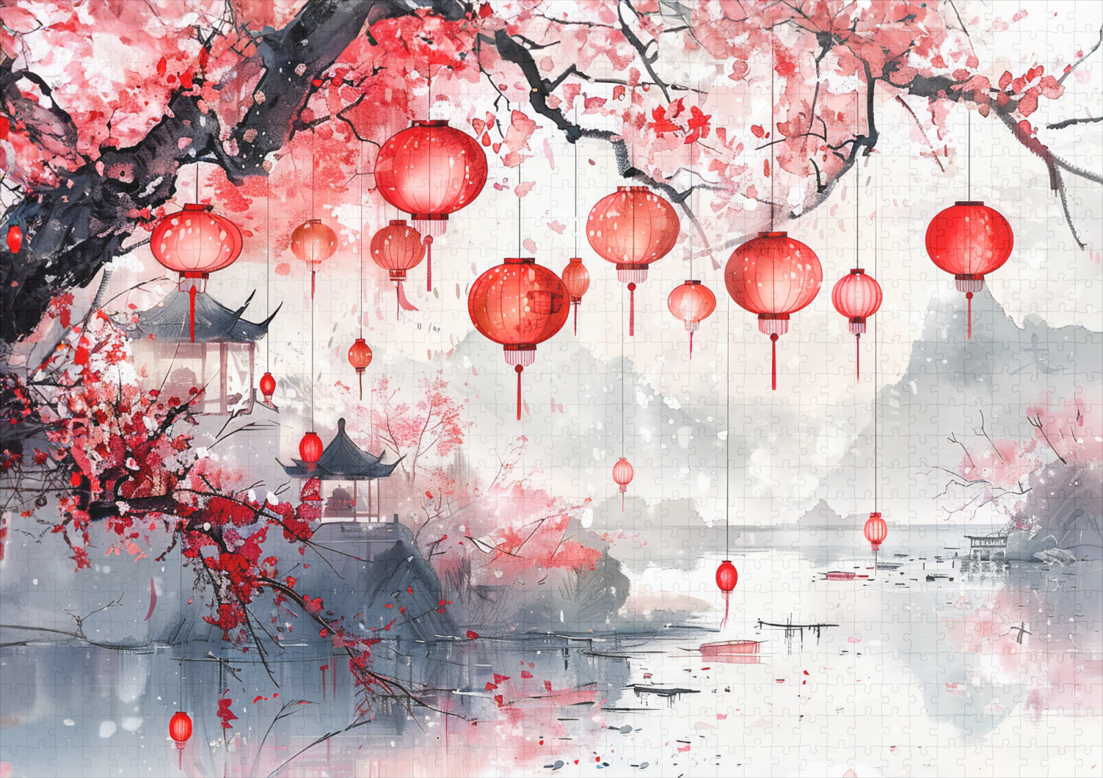 raxxa Premium-Puzzle: Chinese Watercolor Lanterns and Blossoming Trees - immagine 2