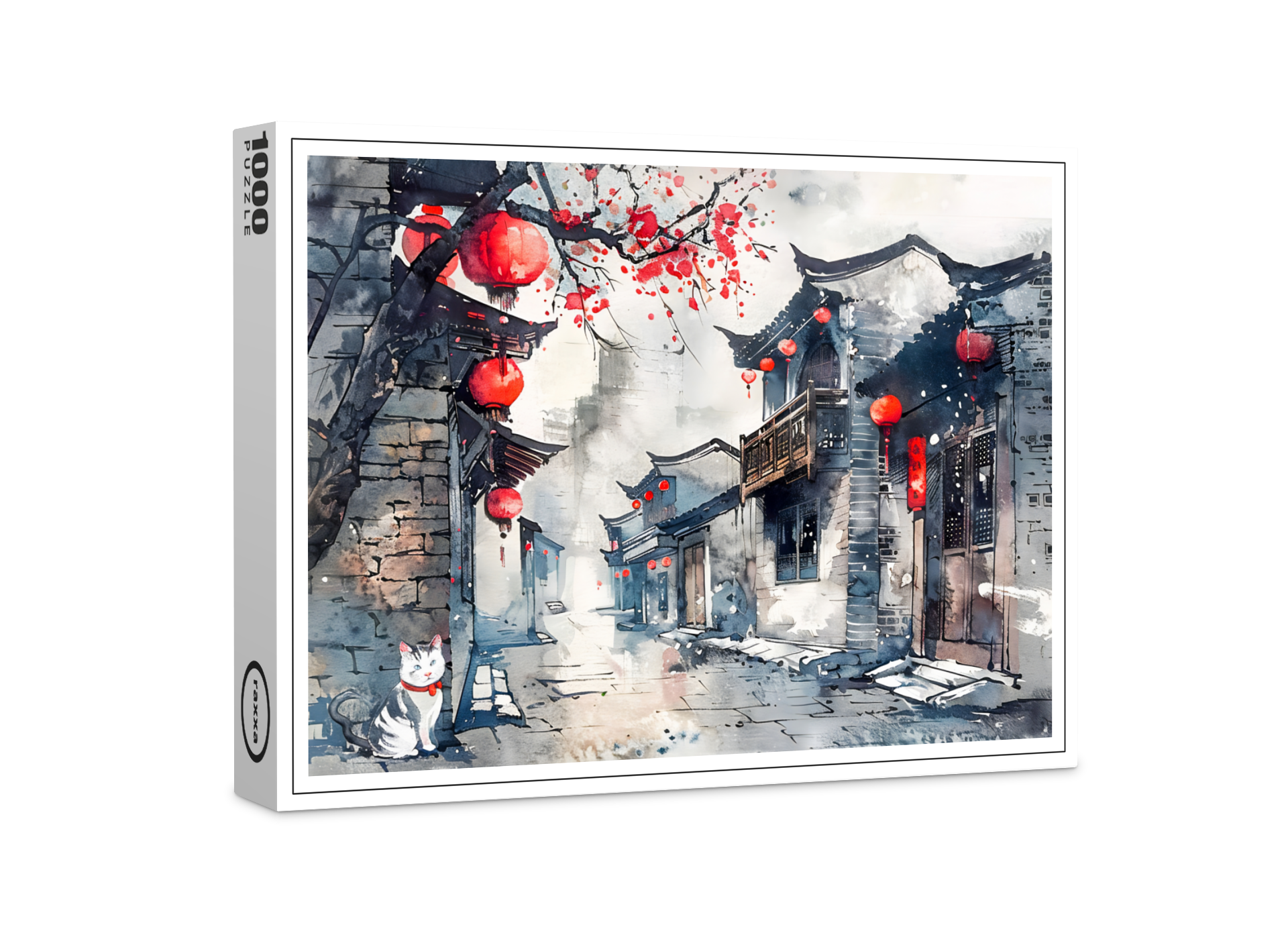raxxa Premium-Puzzle: Chinese Watercolor Lantern-Lit Old Town
