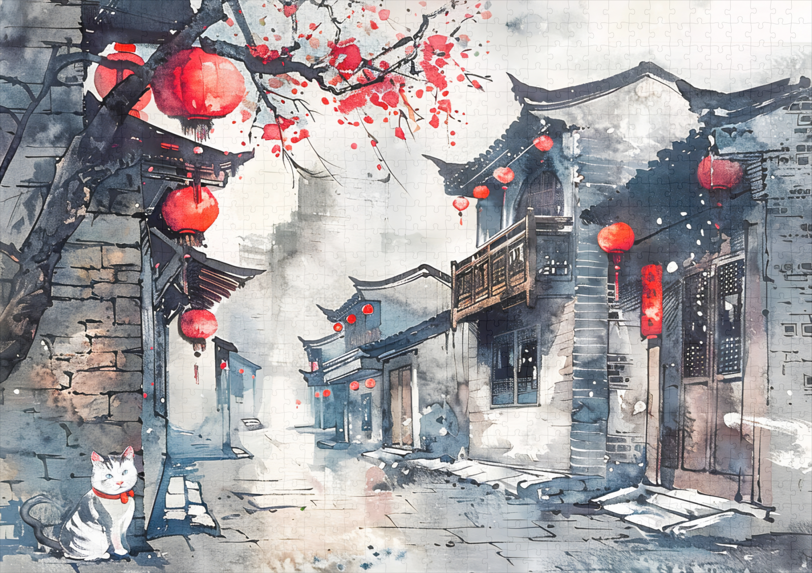 raxxa Premium-Puzzle: Chinese Watercolor Lantern-Lit Old Town - Imagen 2