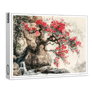 raxxa Premium-Puzzle: Chinese Watercolor Blossoming Tree in Mountains
