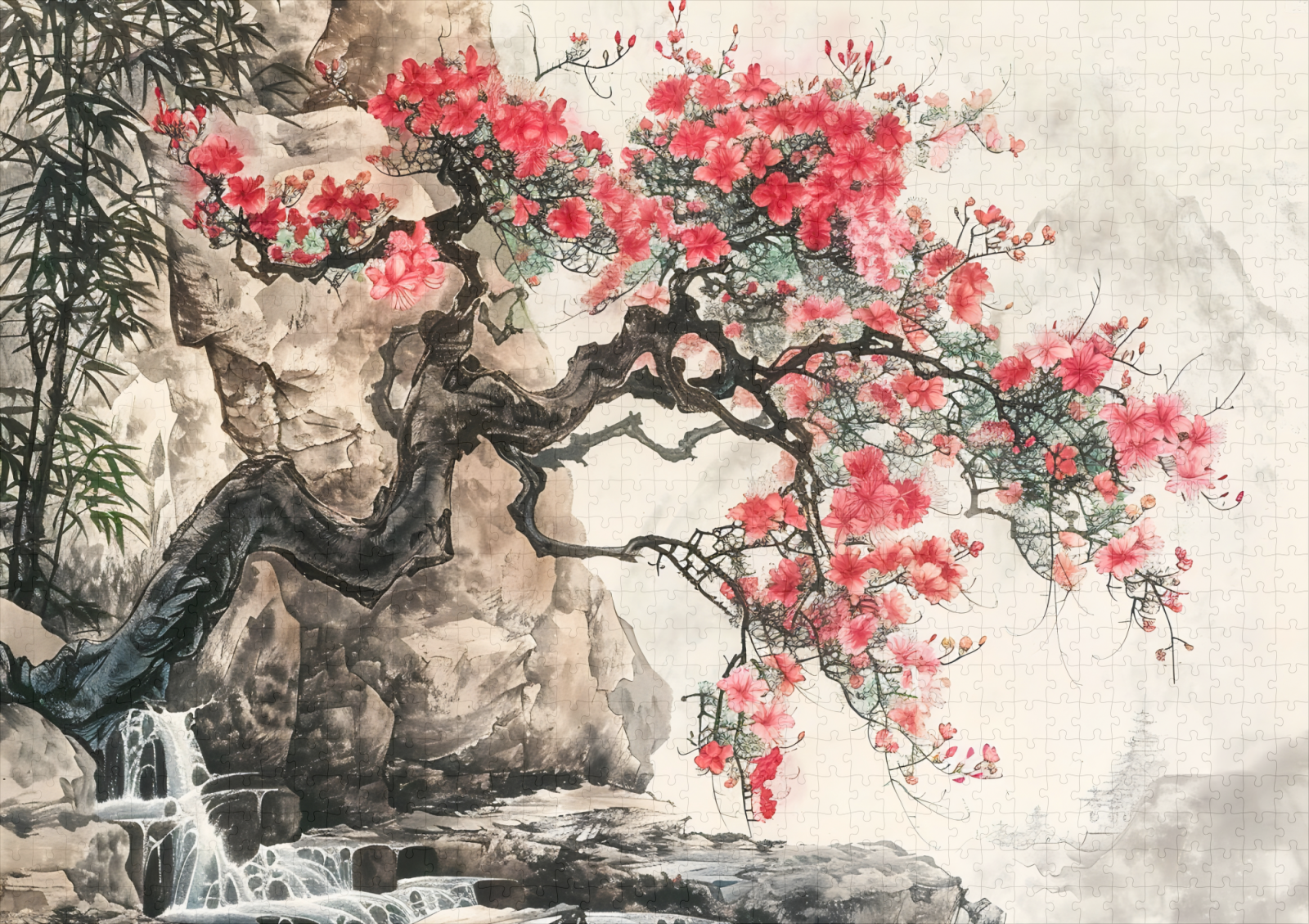 raxxa Premium-Puzzle: Chinese Watercolor Blossoming Tree in Mountains – Image 2