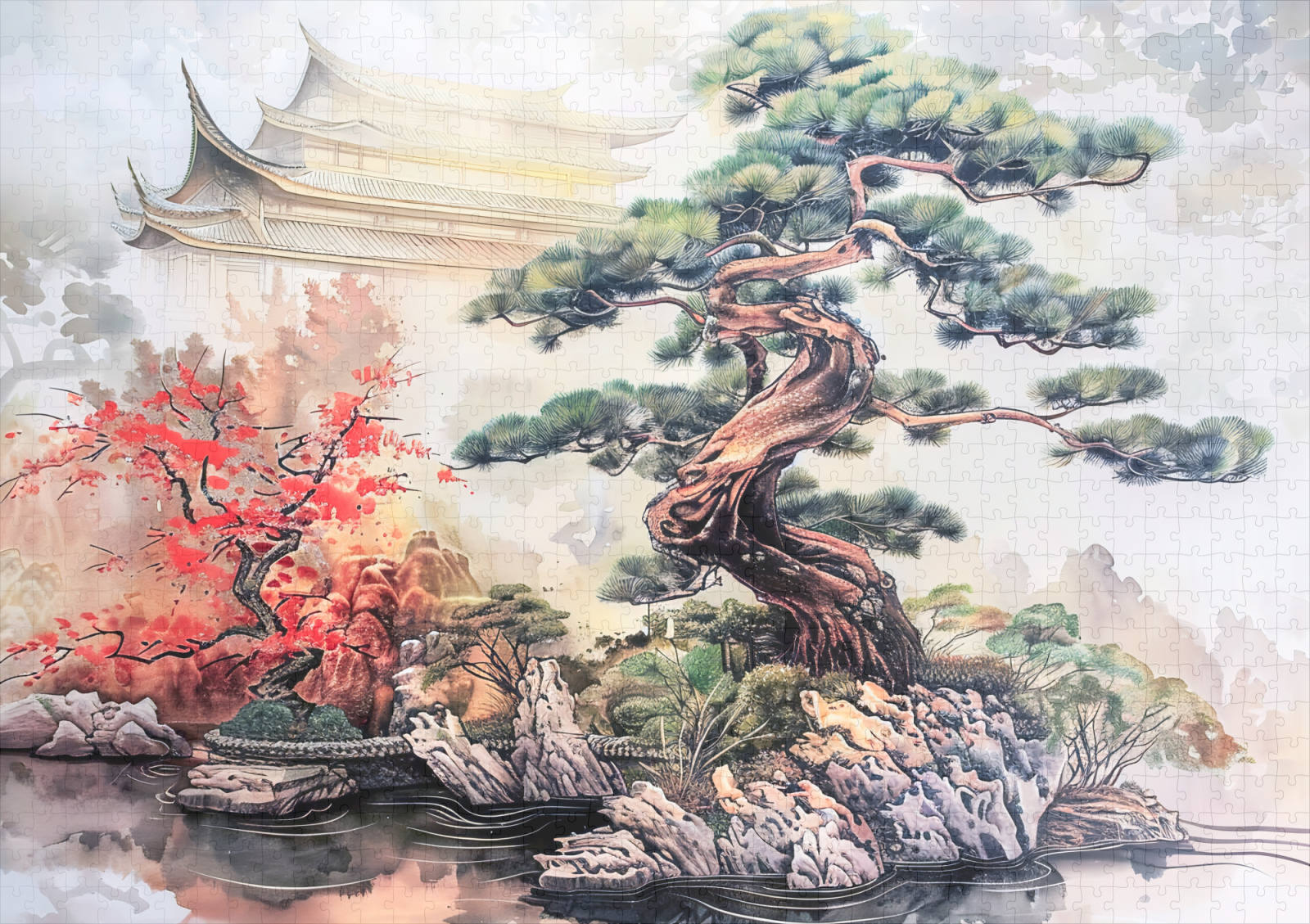raxxa Premium-Puzzle: Chinese Watercolor Bonsai Pine in Garden – Bild 2