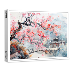 raxxa Premium-Puzzle: Chinese Watercolor Temple with Cherry Blossoms