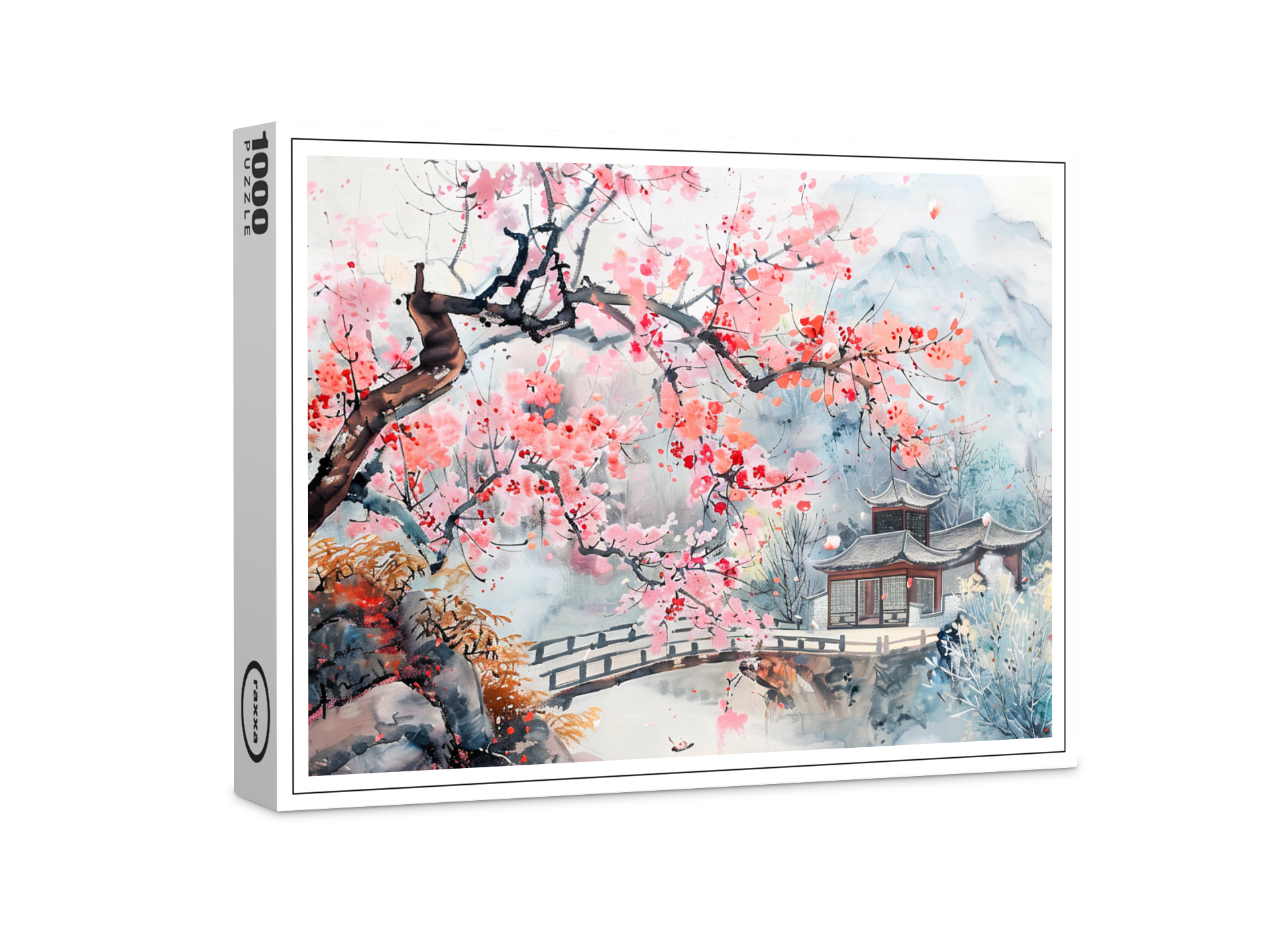 raxxa Premium-Puzzle: Chinese Watercolor Temple with Cherry Blossoms