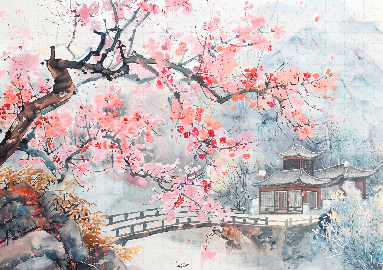 raxxa Premium-Puzzle: Chinese Watercolor Temple with Cherry Blossoms – Image 2