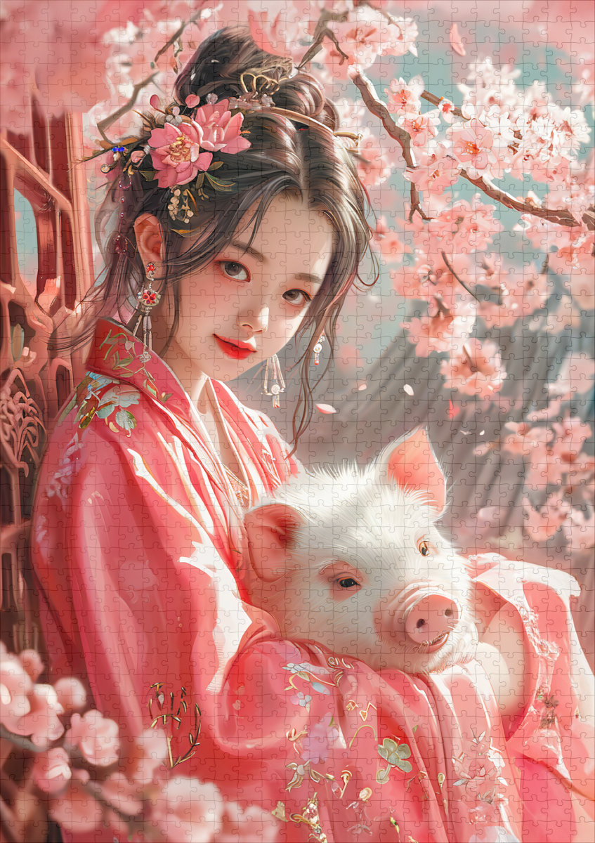 raxxa Premium-Puzzle: Girl with Pig Chinese Zodiac Art - immagine 2