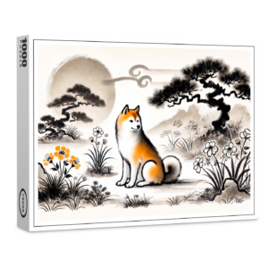 raxxa Premium-Puzzle: Loyal Dog in Garden Under Bonsai ink art