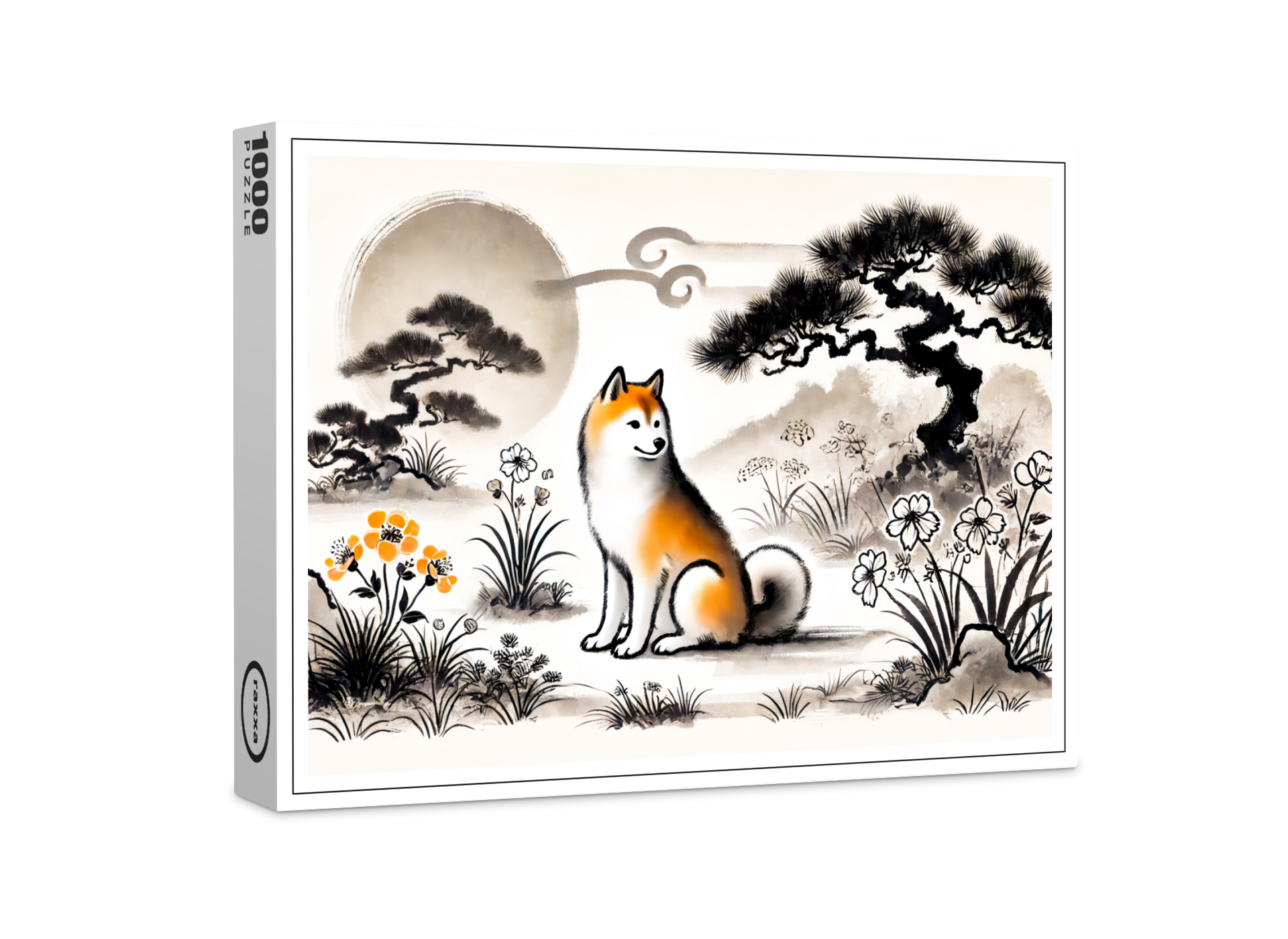 raxxa Premium-Puzzle: Loyal Dog in Garden Under Bonsai ink art
