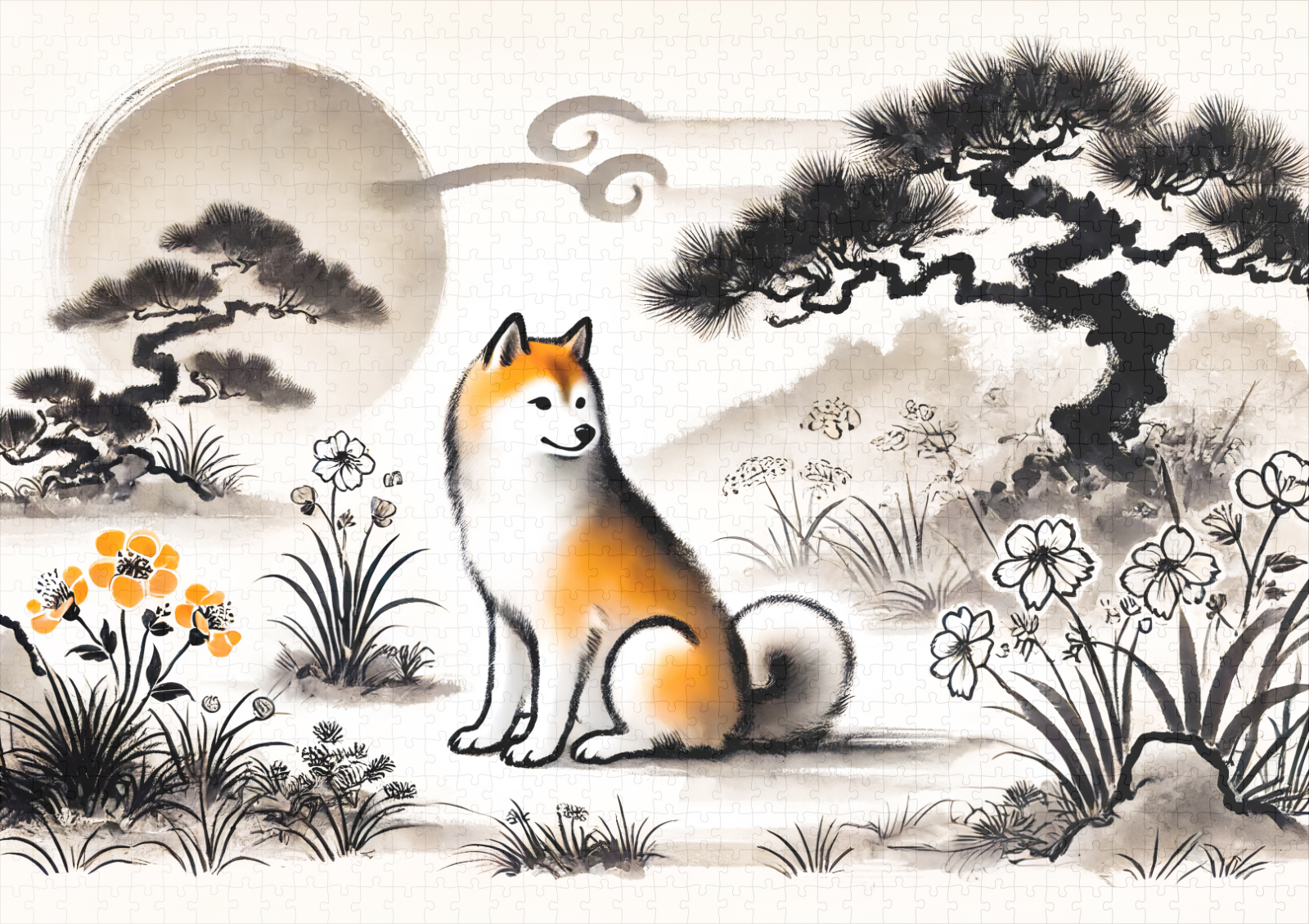 raxxa Premium-Puzzle: Loyal Dog in Garden Under Bonsai ink art - Imagen 2