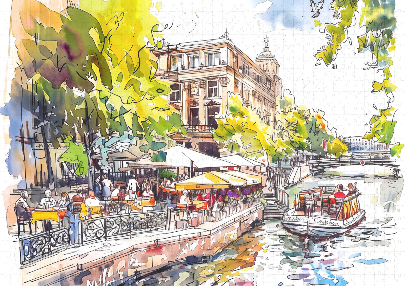 raxxa Premium-Puzzle: Watercolor Berlin Mitte Spree River Cafe – Image 2