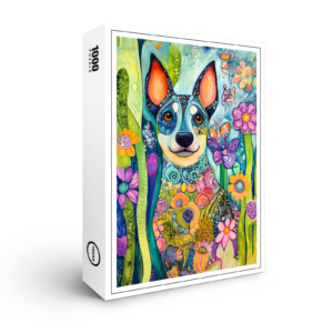 raxxa Premium-Puzzle: Vibrant Pop-Art Dog in Neon Colors with flowers