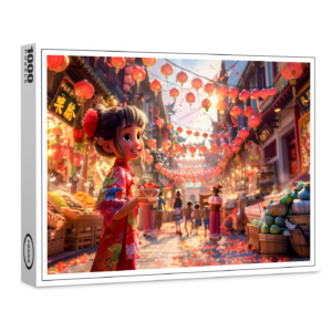 raxxa Premium-Puzzle: Comic Girl with Porcelain Bowl of Strawberries at Market