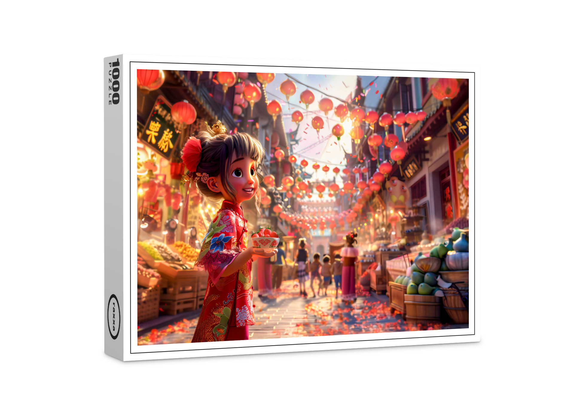 raxxa Premium-Puzzle: Comic Girl with Porcelain Bowl of Strawberries at Market