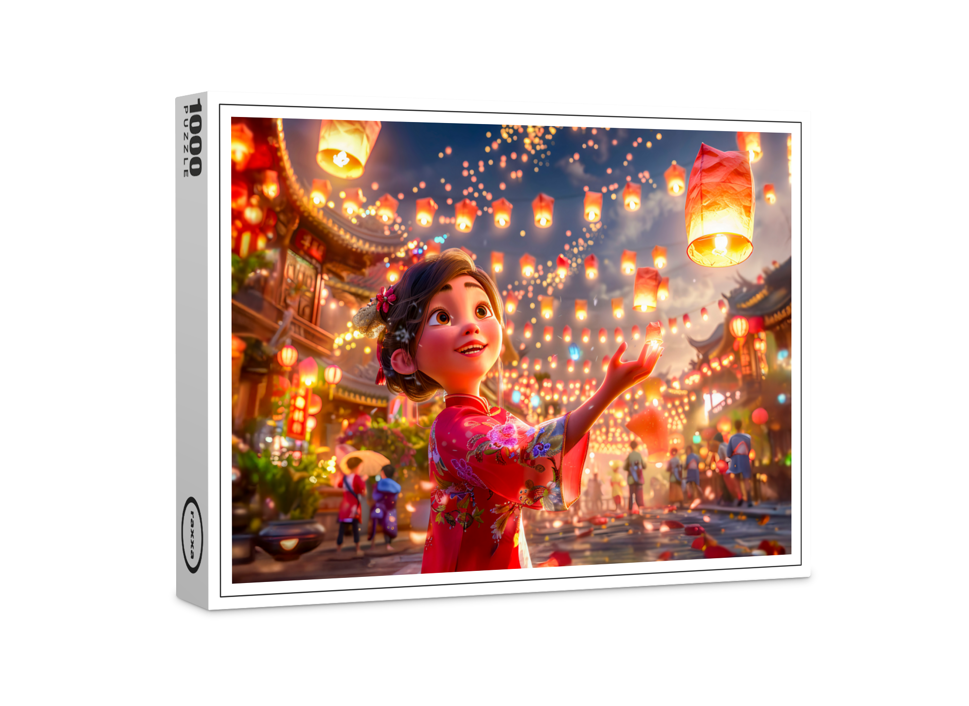 raxxa Premium-Puzzle: Comic Girl with Lanterns Celebrating Chinese New Year
