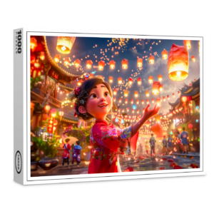 raxxa Premium-Puzzle: Comic Girl with Lanterns Celebrating Chinese New Year