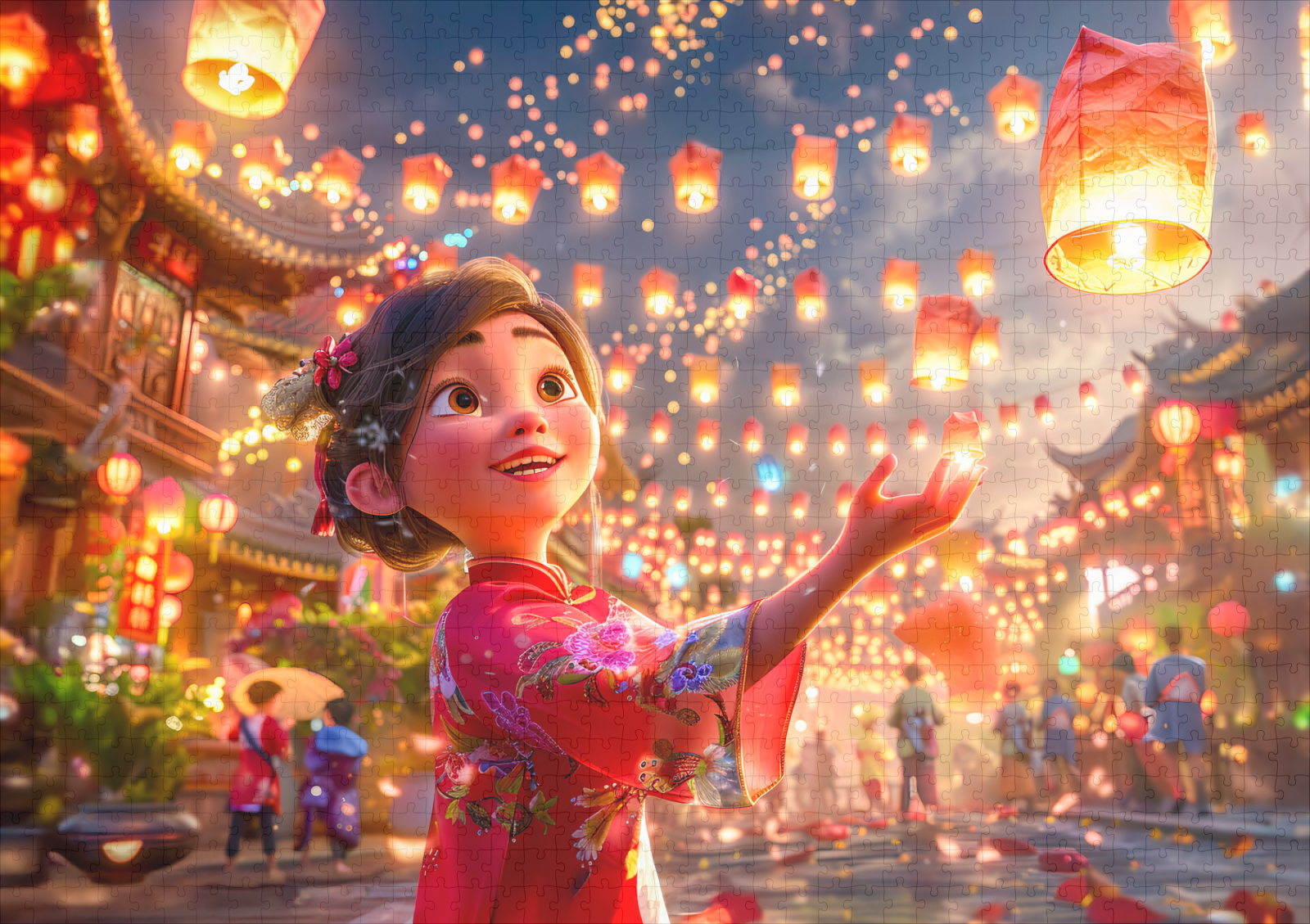 raxxa Premium-Puzzle: Comic Girl with Lanterns Celebrating Chinese New Year – Image 2