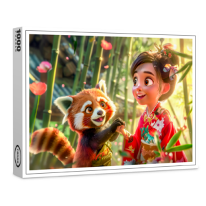 raxxa Premium-Puzzle: Comic Girl with Red Panda in Playful Scene