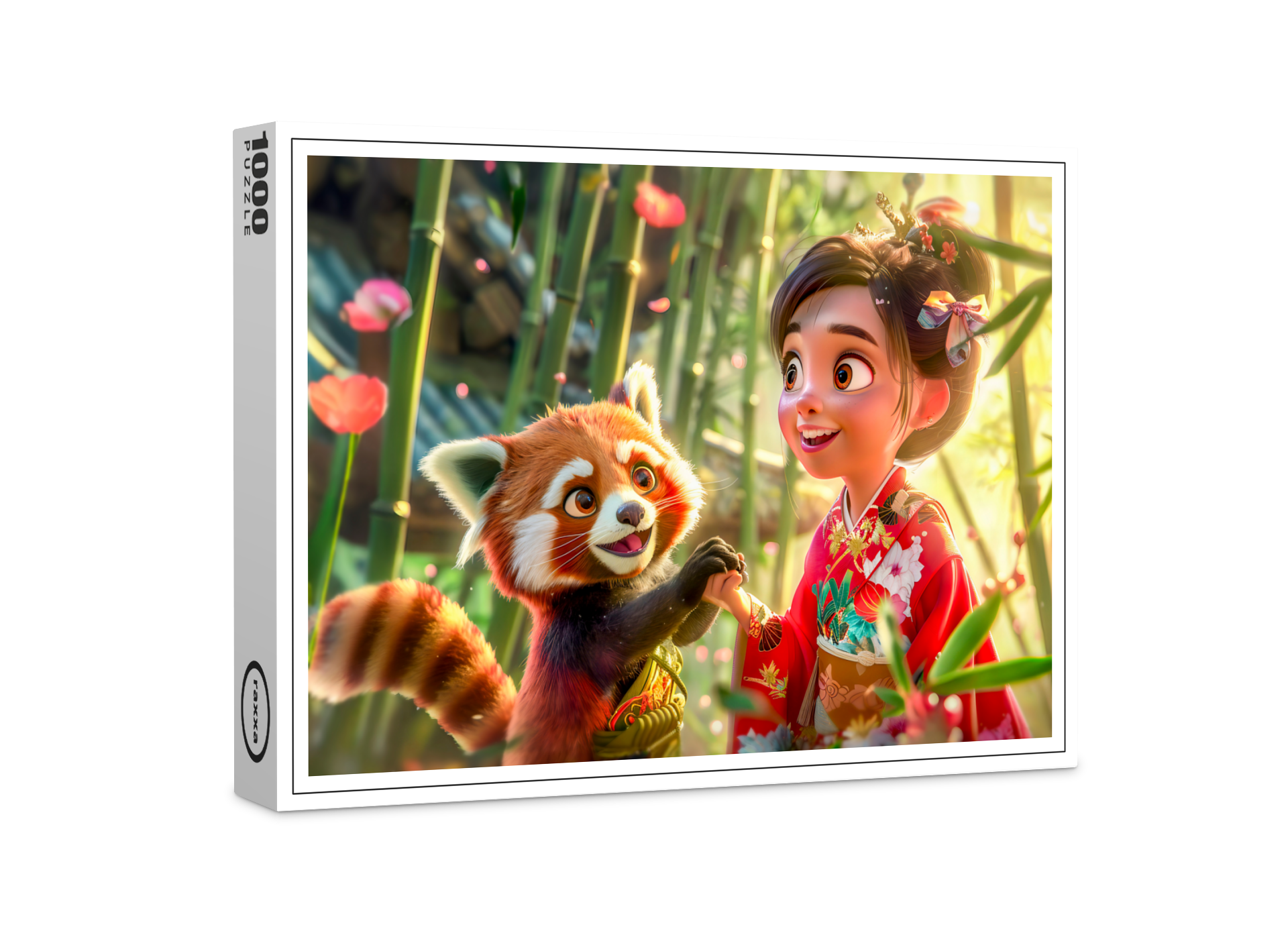raxxa Premium-Puzzle: Comic Girl with Red Panda in Playful Scene