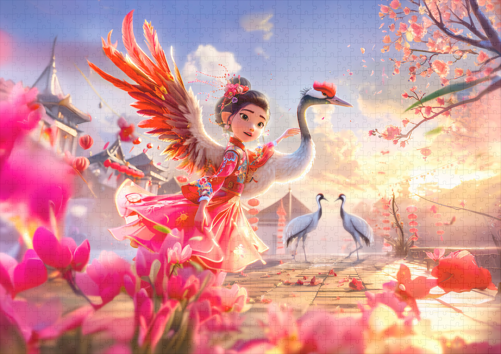 raxxa Premium-Puzzle: Comic Girl Dancing with Crane in Graceful Scene - Imagen 2
