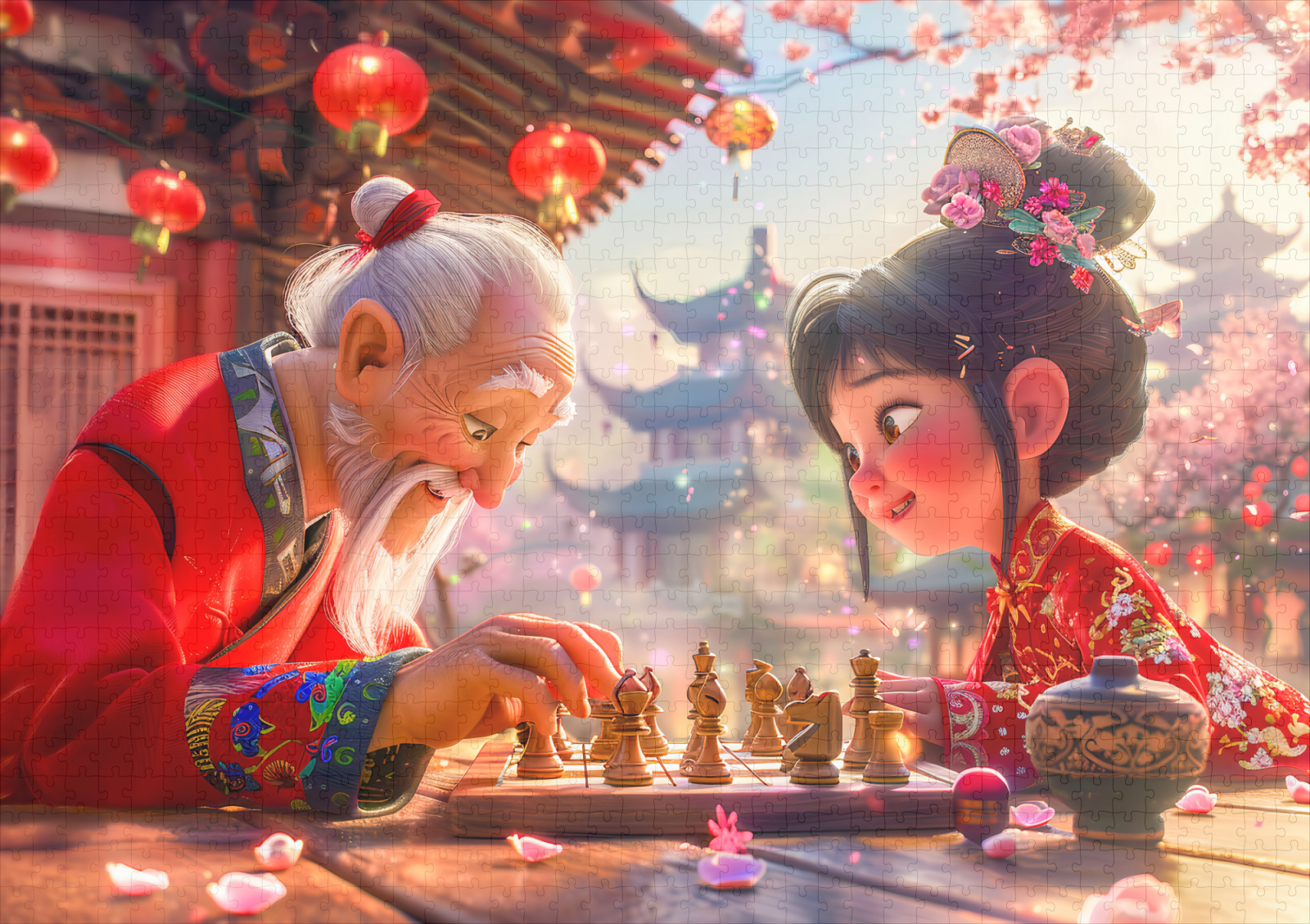 raxxa Premium-Puzzle: Girl and Grandpa Playing Modern Chess – Bild 2