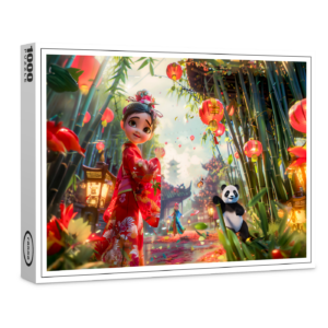 raxxa Premium-Puzzle: Comic Girl in Bamboo Forest with Panda