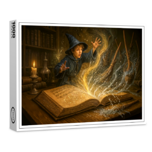 raxxa Premium-Puzzle: Young wizard with book fantasy illustration