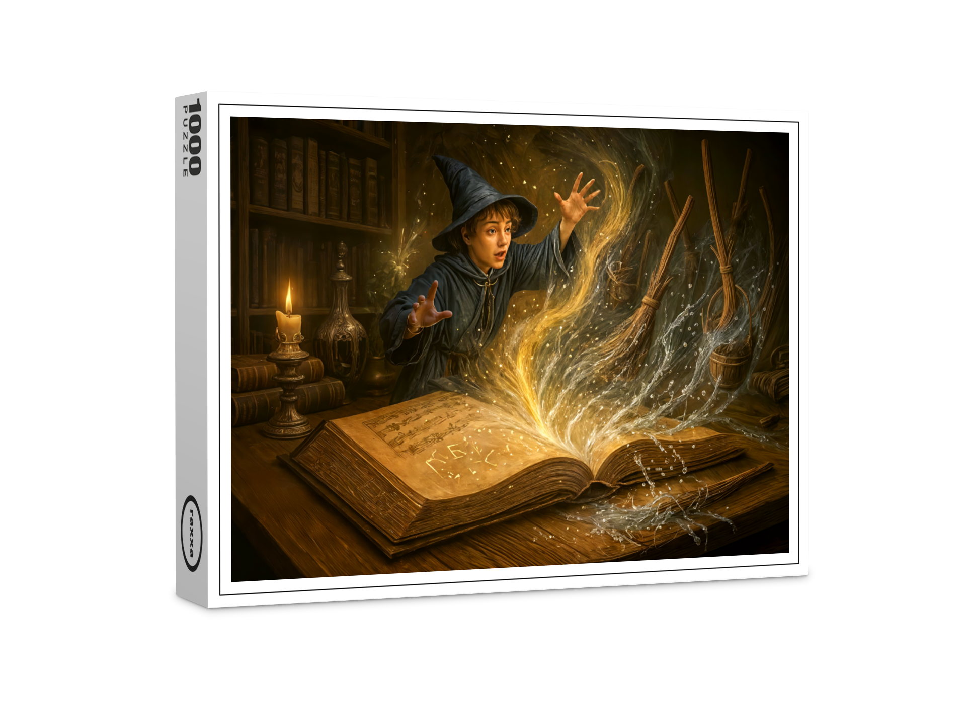 raxxa Premium-Puzzle: Young wizard with book fantasy illustration