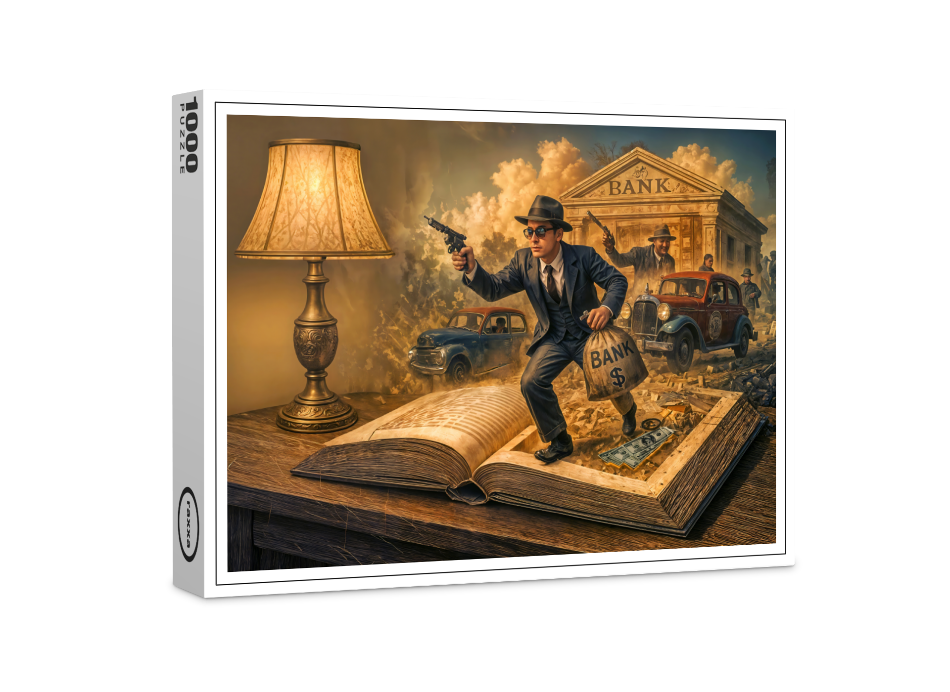 raxxa Premium-Puzzle: 1920s gangster book scene illustration