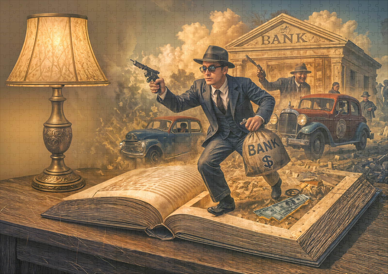 raxxa Premium-Puzzle: 1920s gangster book scene illustration - immagine 2