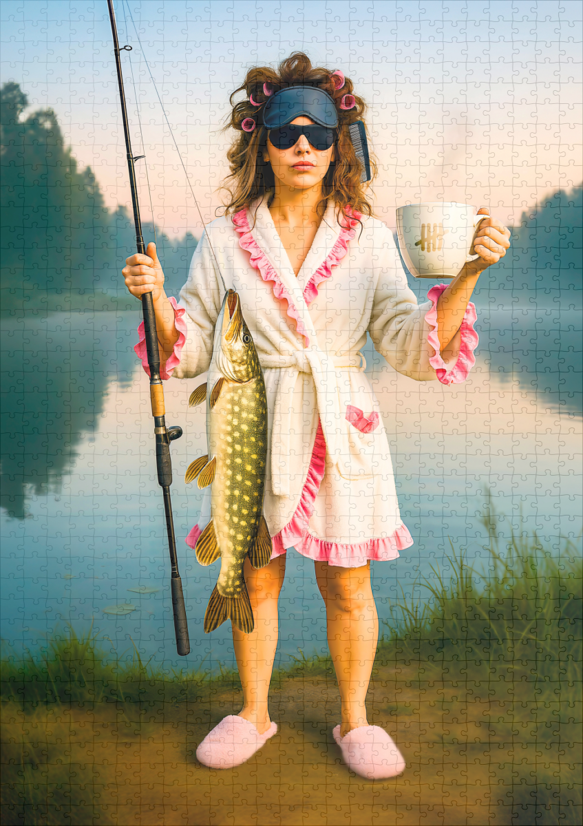 raxxa Premium-Puzzle: Sleepy Woman in Robe Catches a Big Pike - Imagen 2
