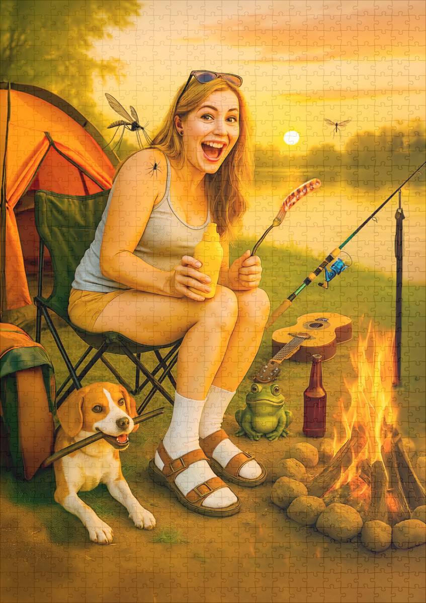 raxxa Premium-Puzzle: Scared Camper Woman with Dog and Tent – Bild 2