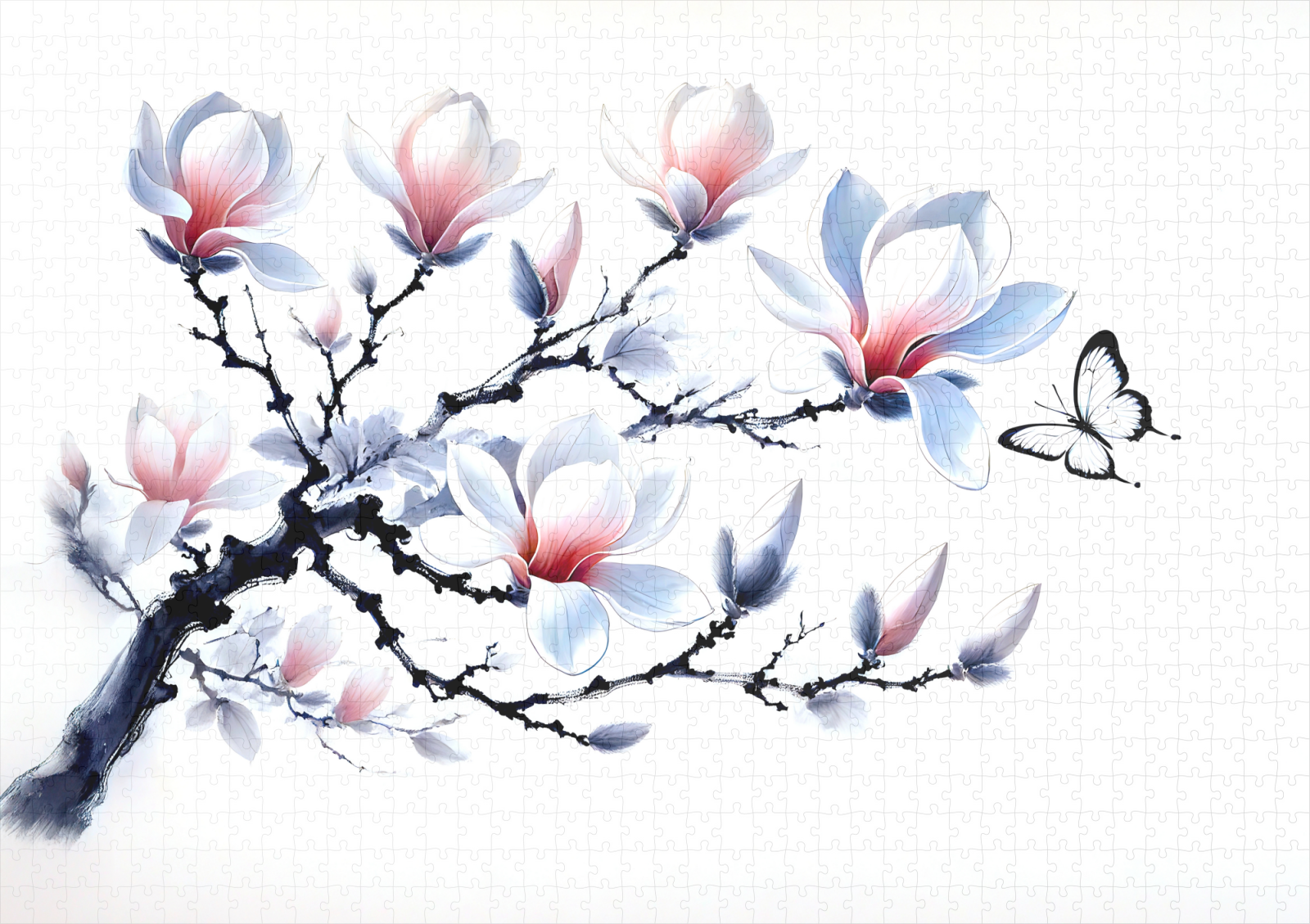 raxxa Premium-Puzzle: Magnolia with Butterfly Asian Ink Painting - Image 2