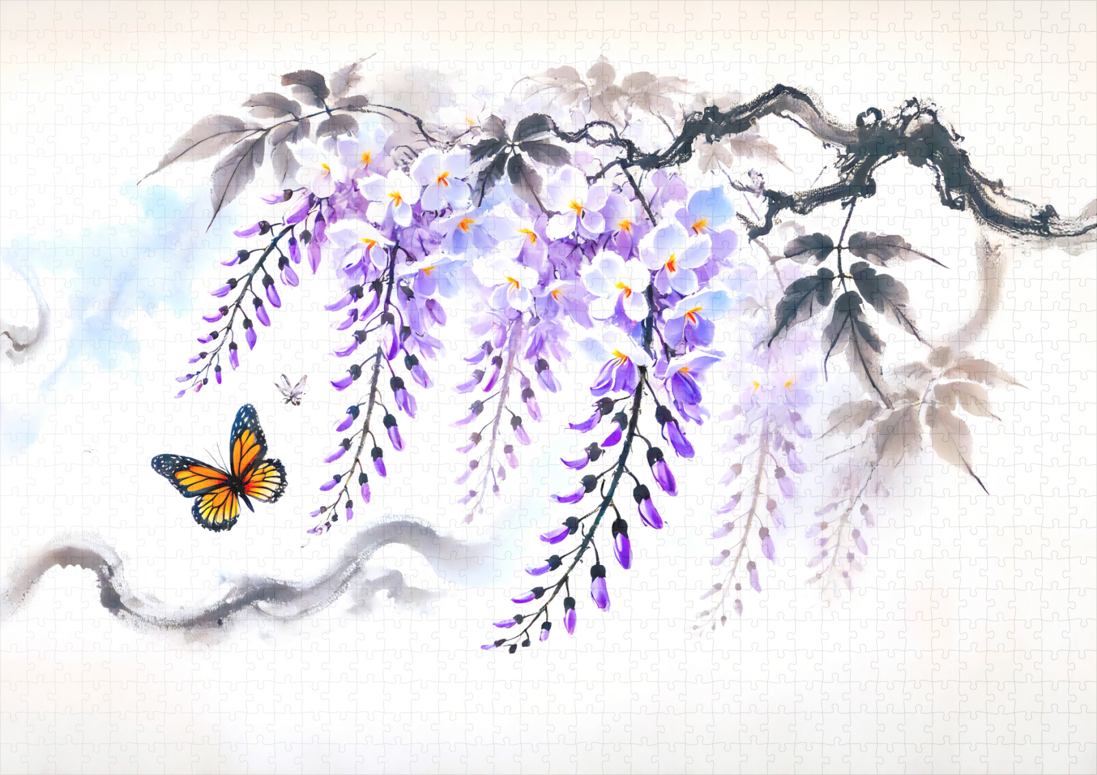 raxxa Premium-Puzzle: Wisteria and Butterfly Asian Ink Painting - Imagen 2
