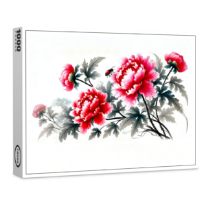 raxxa Premium-Puzzle: Peonies in Red Asian Ink Painting