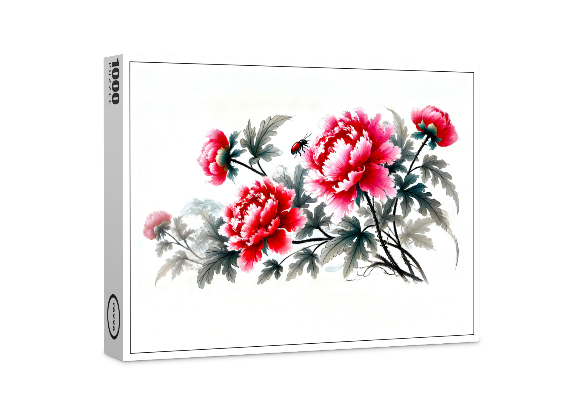 raxxa Premium-Puzzle: Peonies in Red Asian Ink Painting
