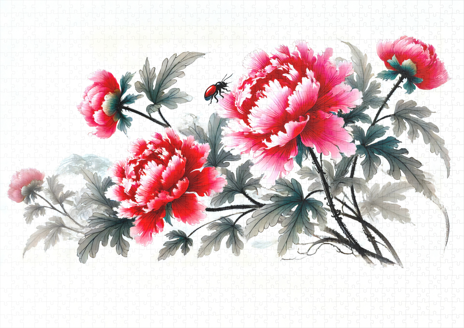 raxxa Premium-Puzzle: Peonies in Red Asian Ink Painting - Imagen 2