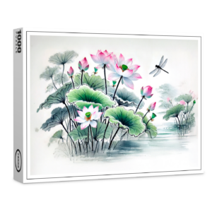 raxxa Premium-Puzzle: Lotus and Dragonflies painted in the style of Asian ink art