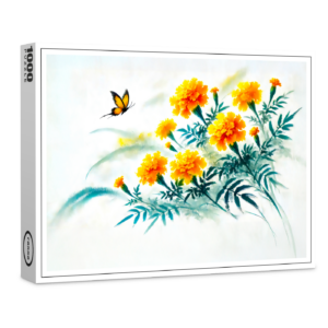 raxxa Premium-Puzzle: Yellow Daisies with Butterfly Asian Ink Painting